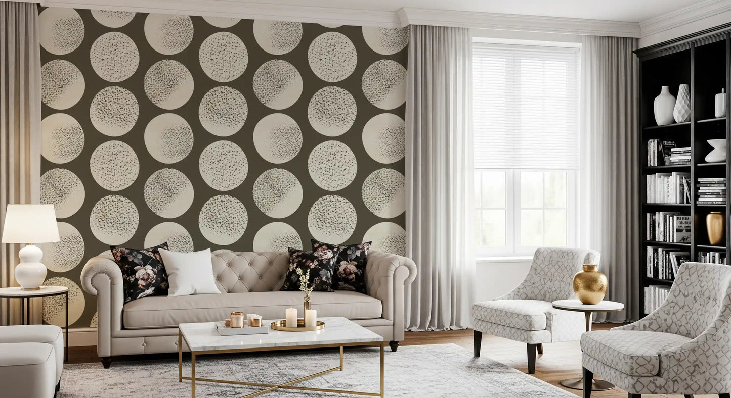 A graphic repeat defines this circle pattern wallpaper with calm balance