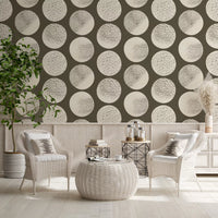 Textured dot wallpaper with rich brown grounding and cream round shapes