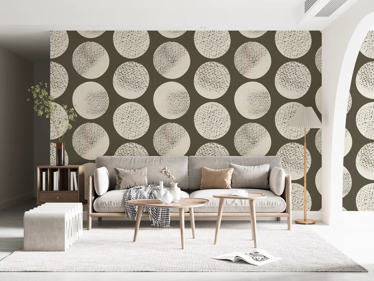 Study room styled with stippled dot wallpaper and oversized round motifs