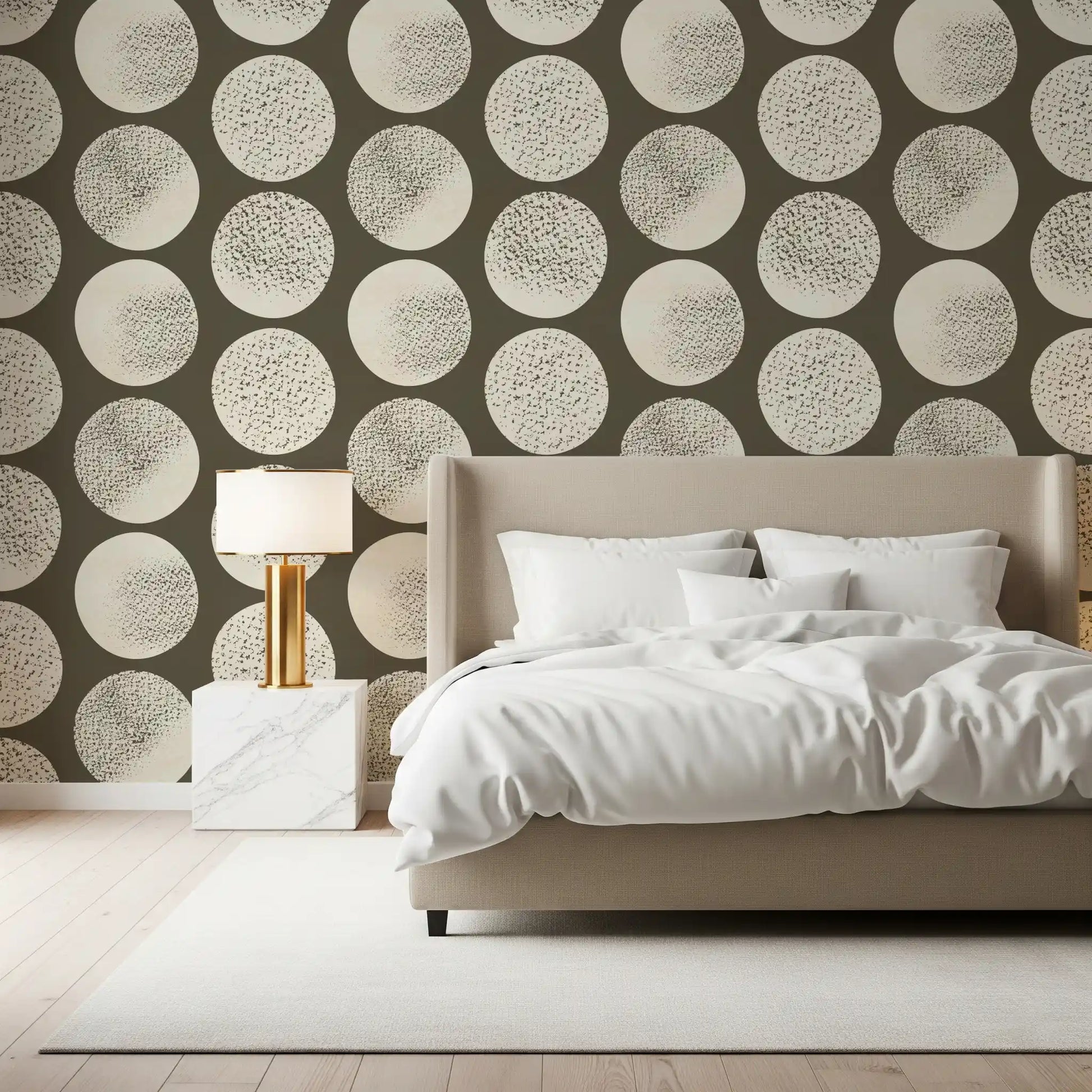 Bedroom using modern dot wallpaper with large stippled cream circles