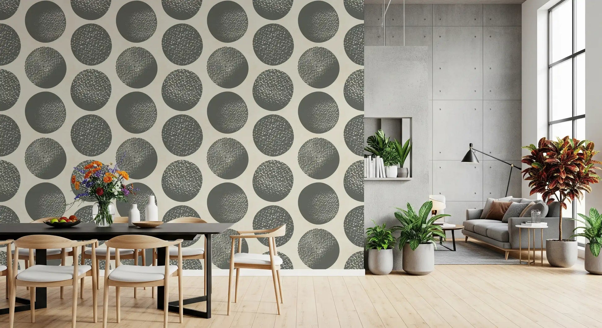 Dining room wall with grey dot wallpaper and textured circular pattern detail