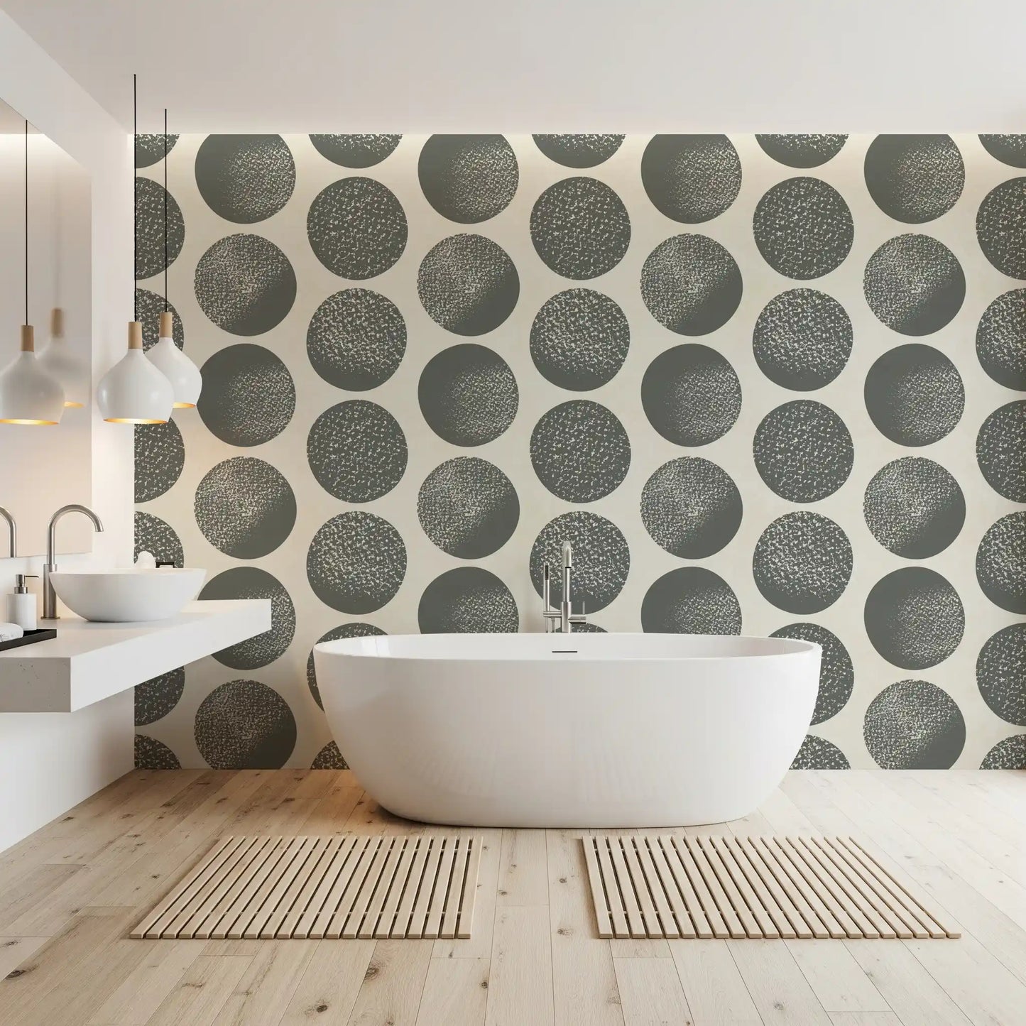 Slate grey wallpaper with large stippled circles on a warm cream base