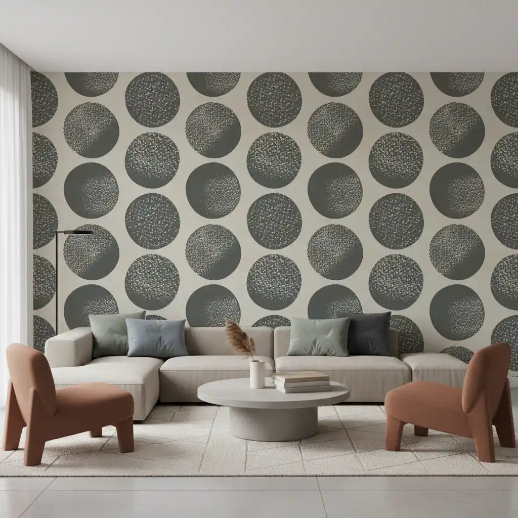 Textured dot wallpaper with slate grey forms and a neutral cream ground