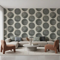 Textured dot wallpaper with slate grey forms and a neutral cream ground