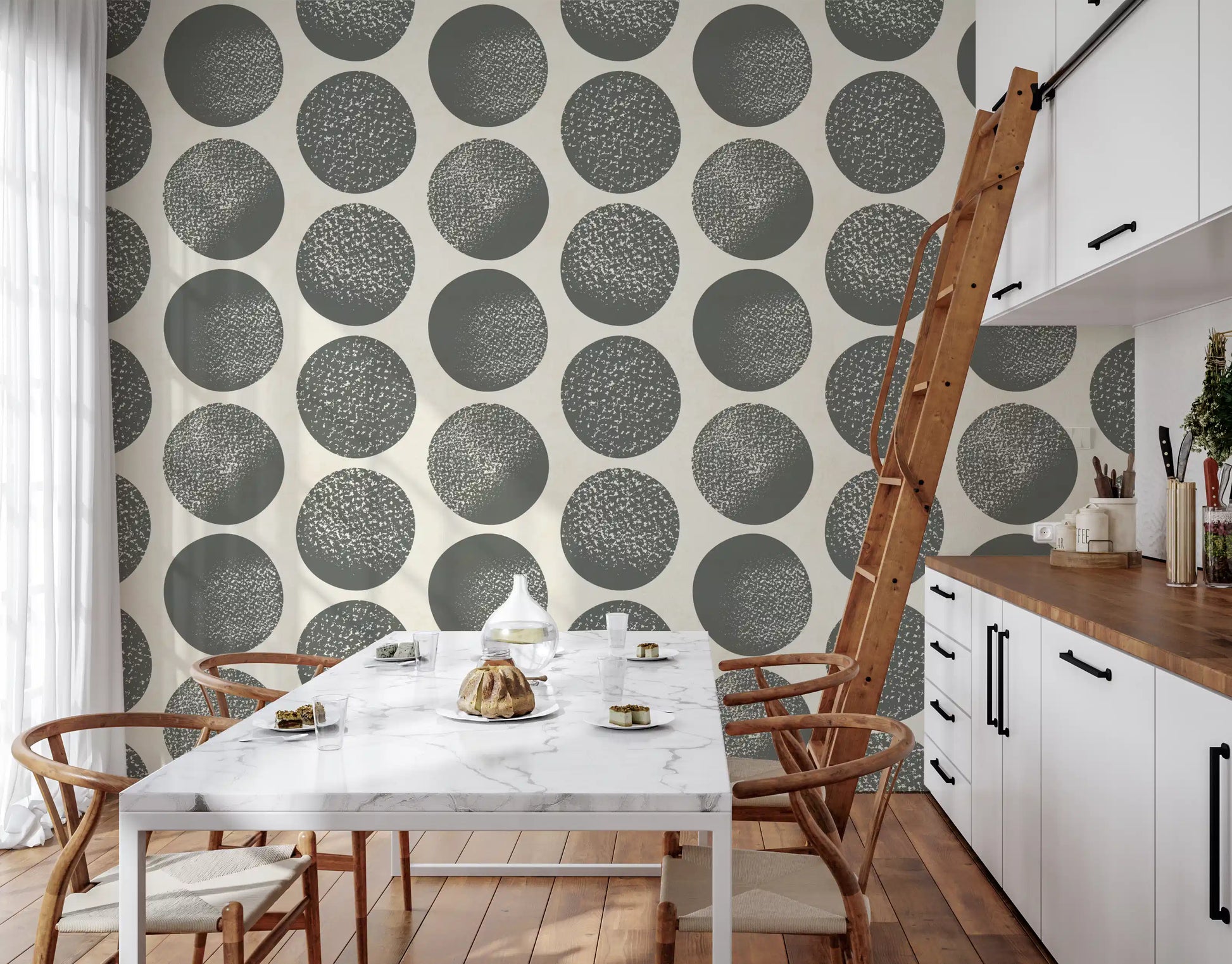 A bold repeat shapes this circle pattern wallpaper with modern balance