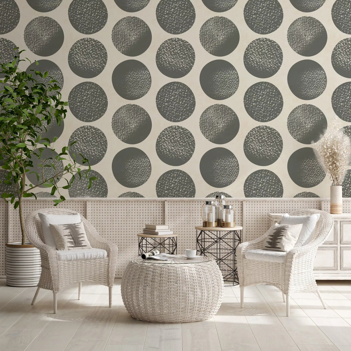 Cream wallpaper featuring organic grey circles and stippled surface detail