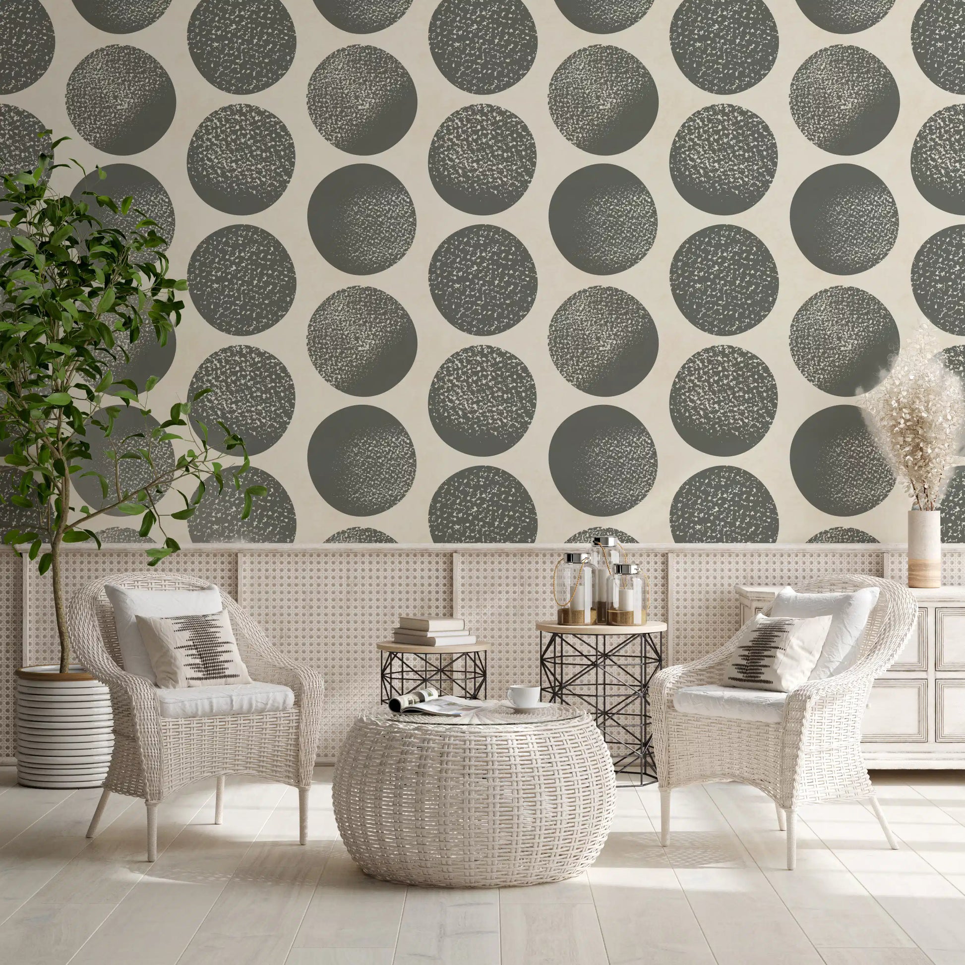 Cream wallpaper featuring organic grey circles and stippled surface detail