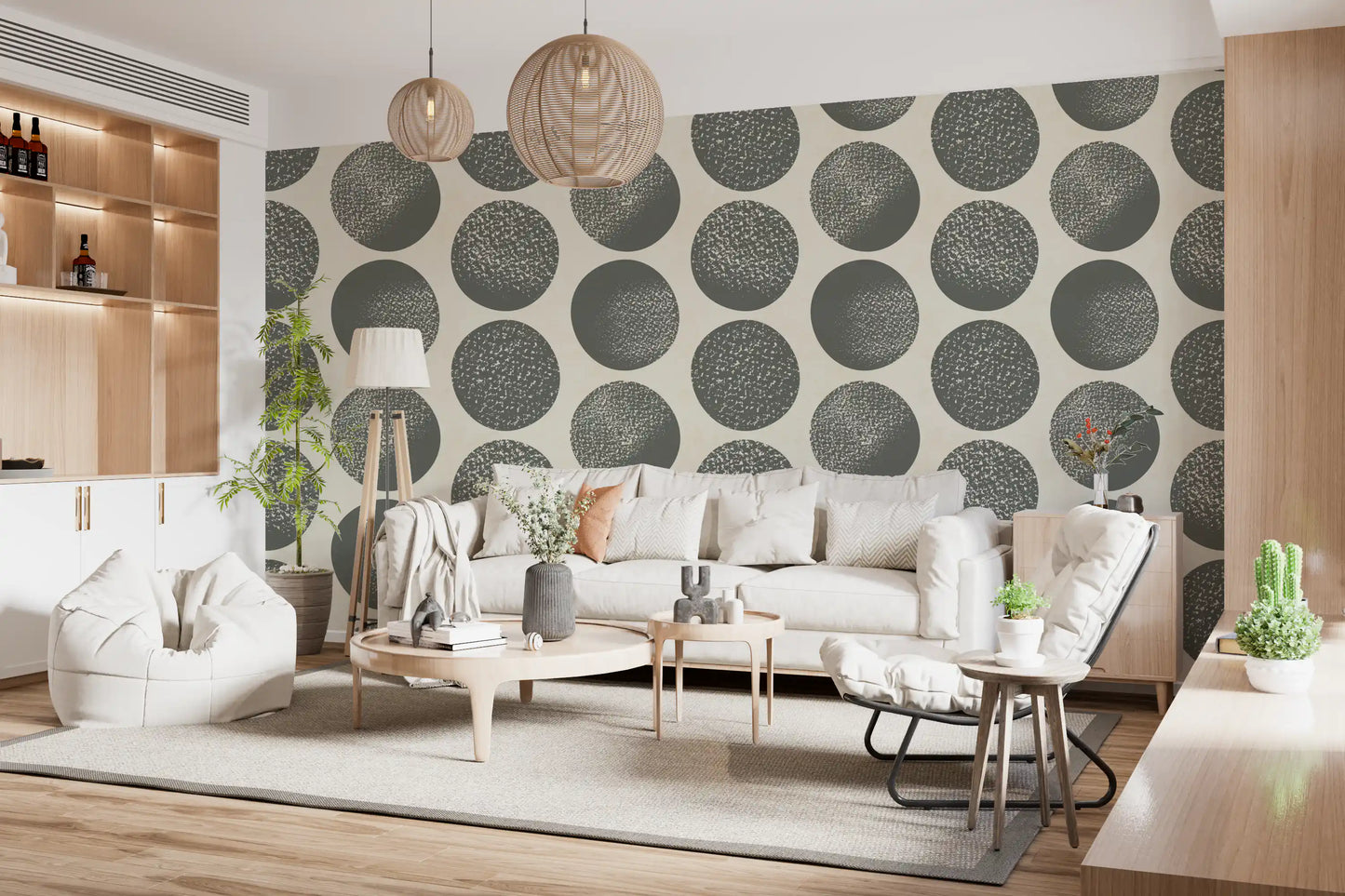 Living room using stippled circle wallpaper with oversized modern dots