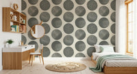 Bedroom featuring organic polka dot wallpaper in slate grey and cream