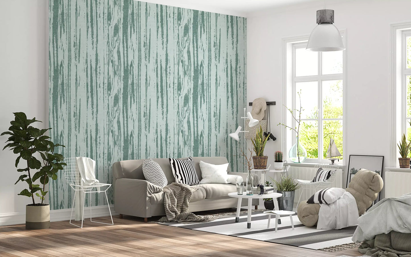 Pale blue grounding supports this surface wallpaper with worn line detail
