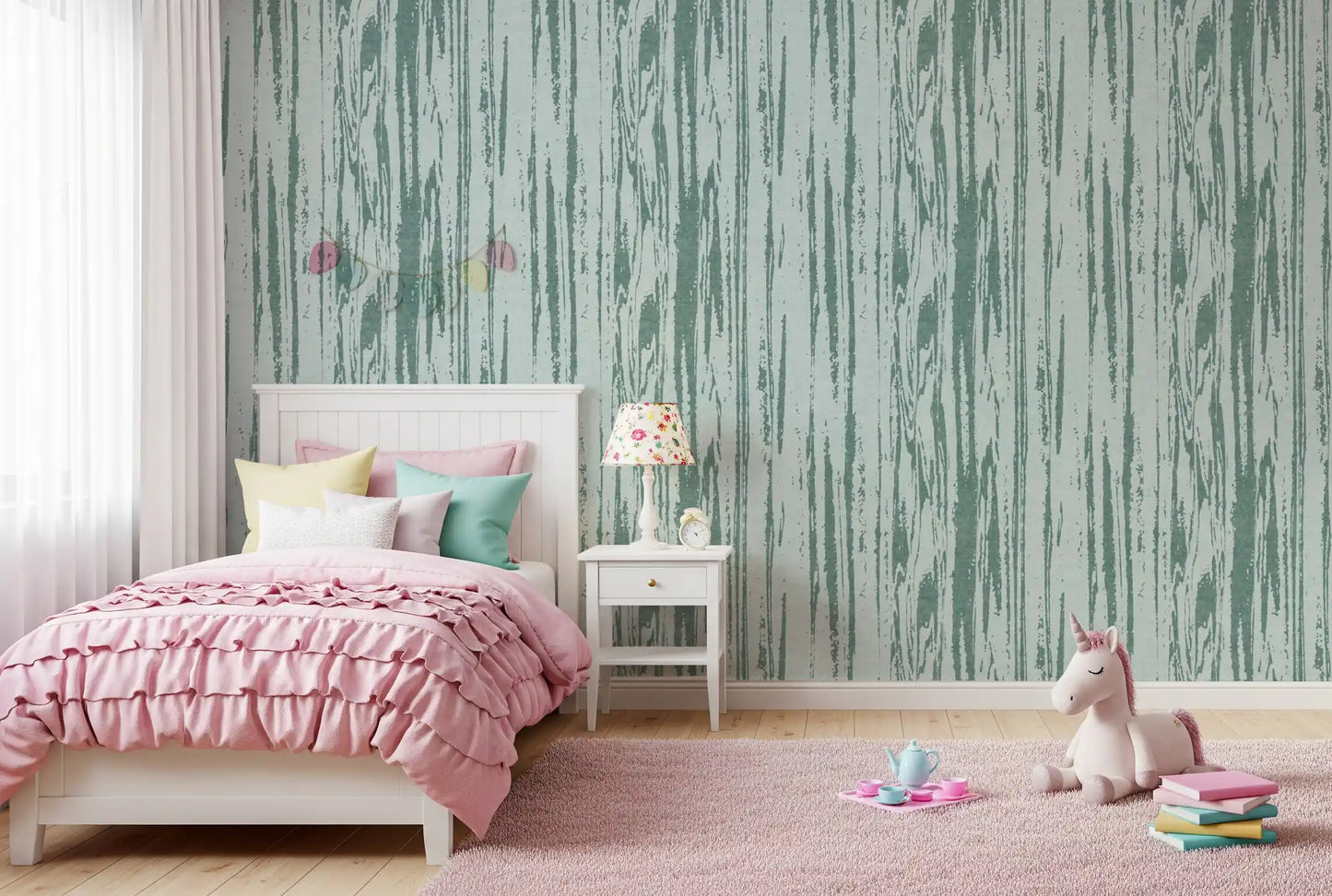 Girls room styled with soft blue wallpaper and weathered vertical texture
