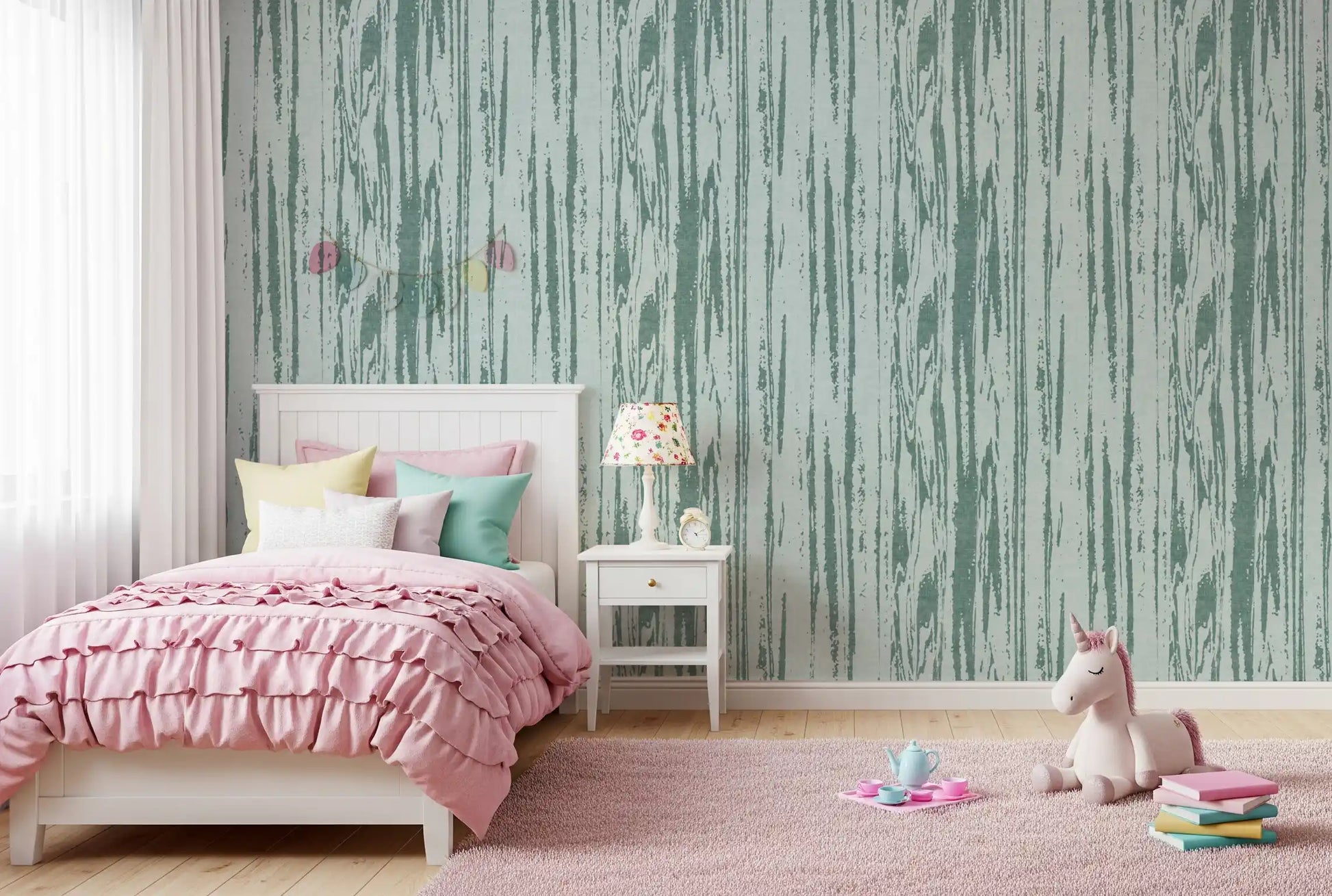 Girls room styled with soft blue wallpaper and weathered vertical texture
