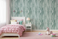 Girls room styled with soft blue wallpaper and weathered vertical texture