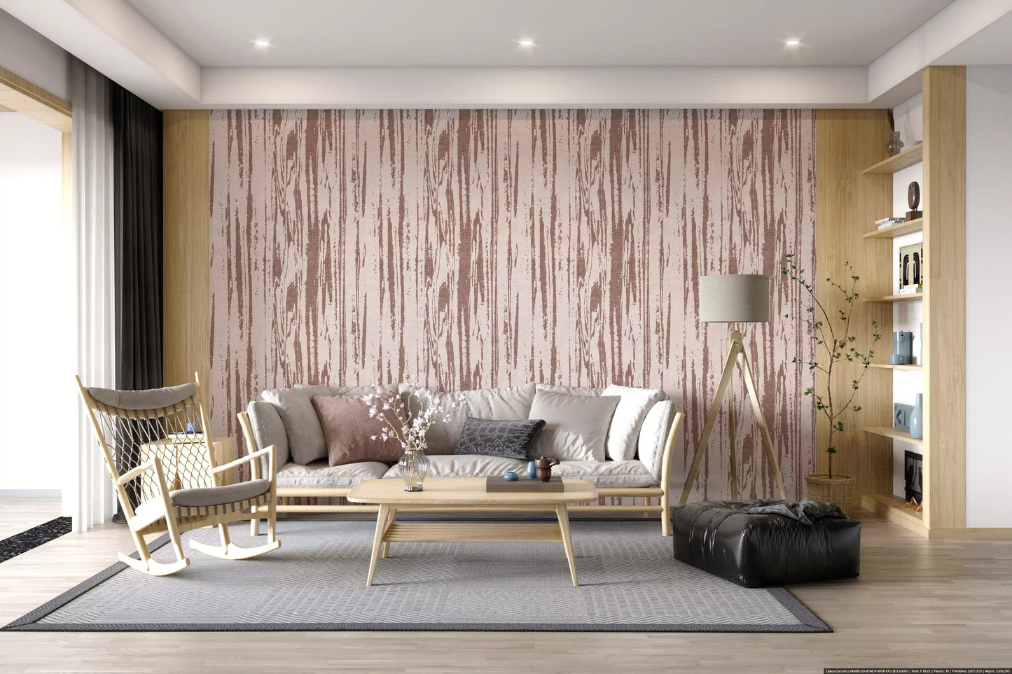Living room finished in soft rose wallpaper with distressed grain marks