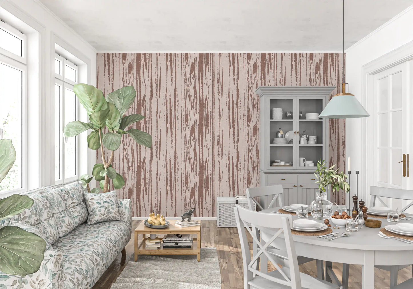 Living room styled with dusty rose surface wallpaper and pale grounding