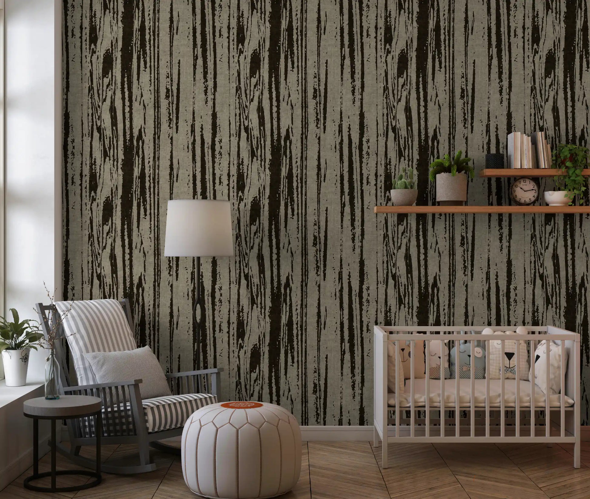Nursery using woodgrain line wallpaper with walnut umber textured detail