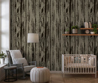 Nursery using woodgrain line wallpaper with walnut umber textured detail