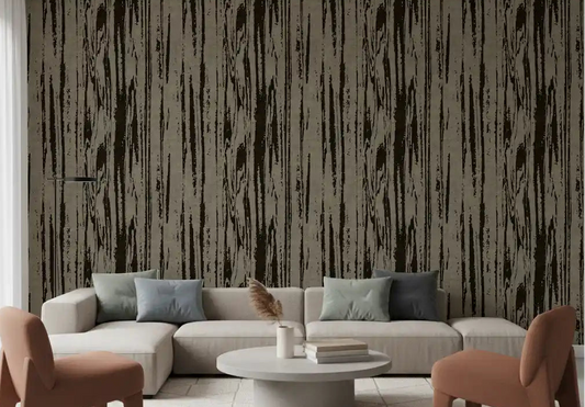 Living room with Walnut Umber Wallpaper and dark organic woodgrain lines