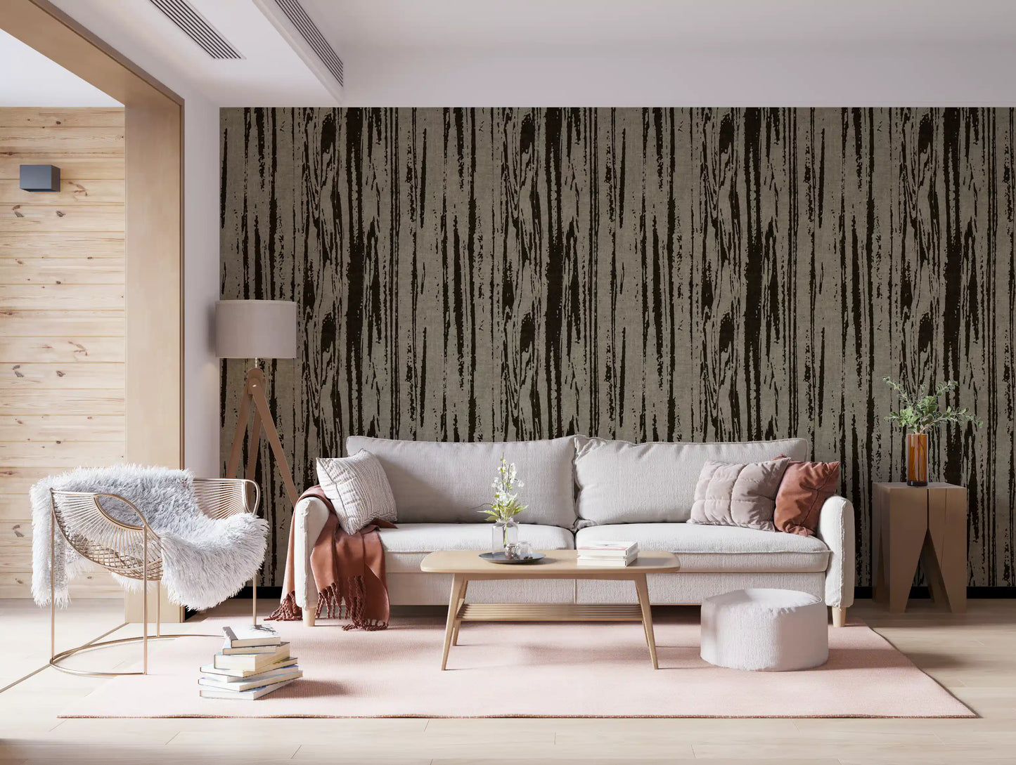 Living room styled with organic lines wallpaper in deep walnut tones