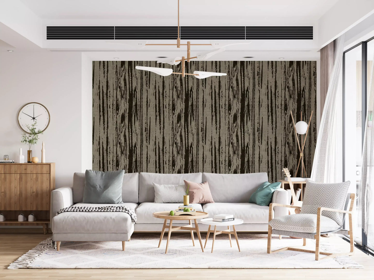 Walnut umber wallpaper showing dark grain marks on a soft neutral ground