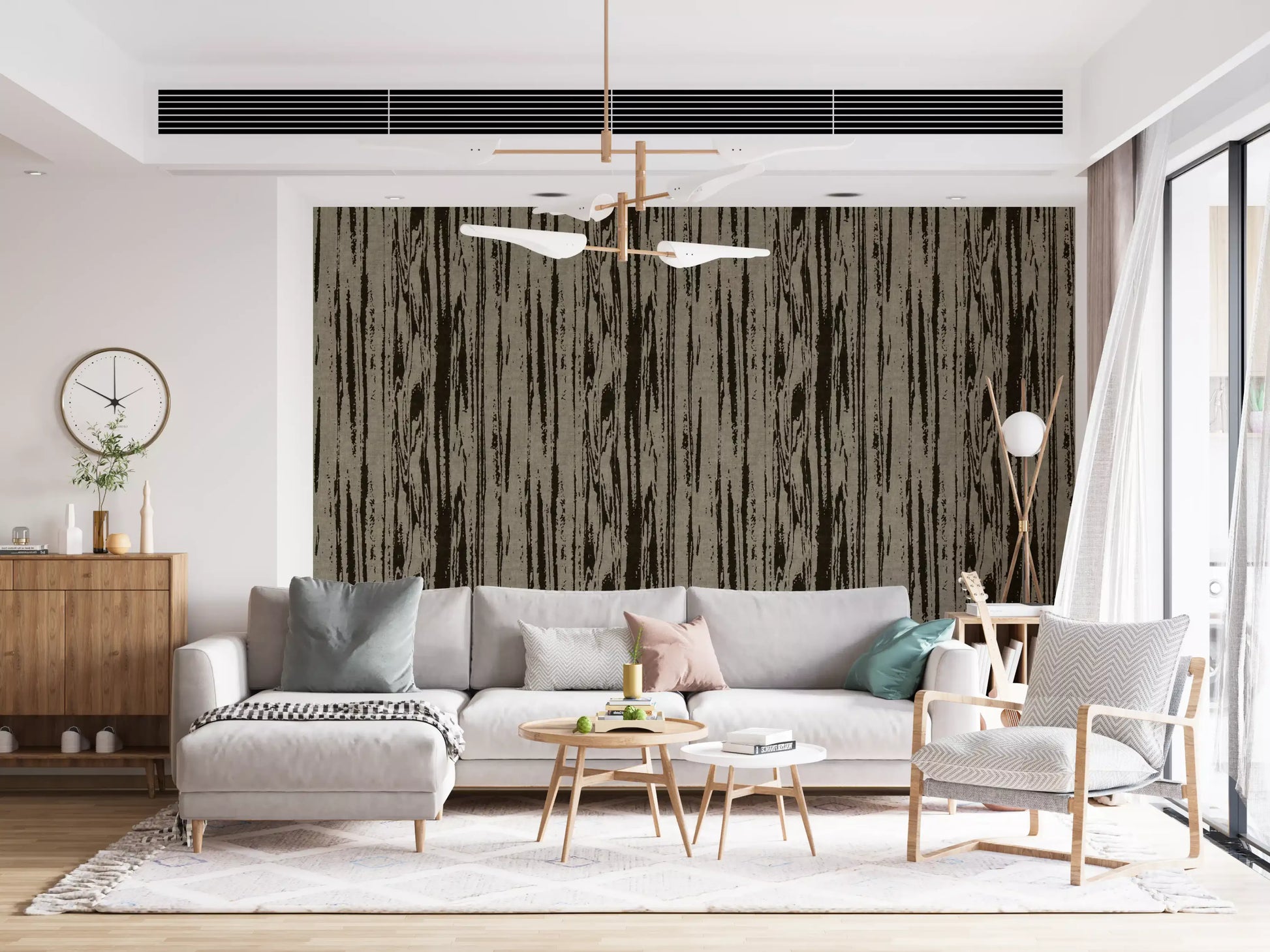 Walnut umber wallpaper showing dark grain marks on a soft neutral ground