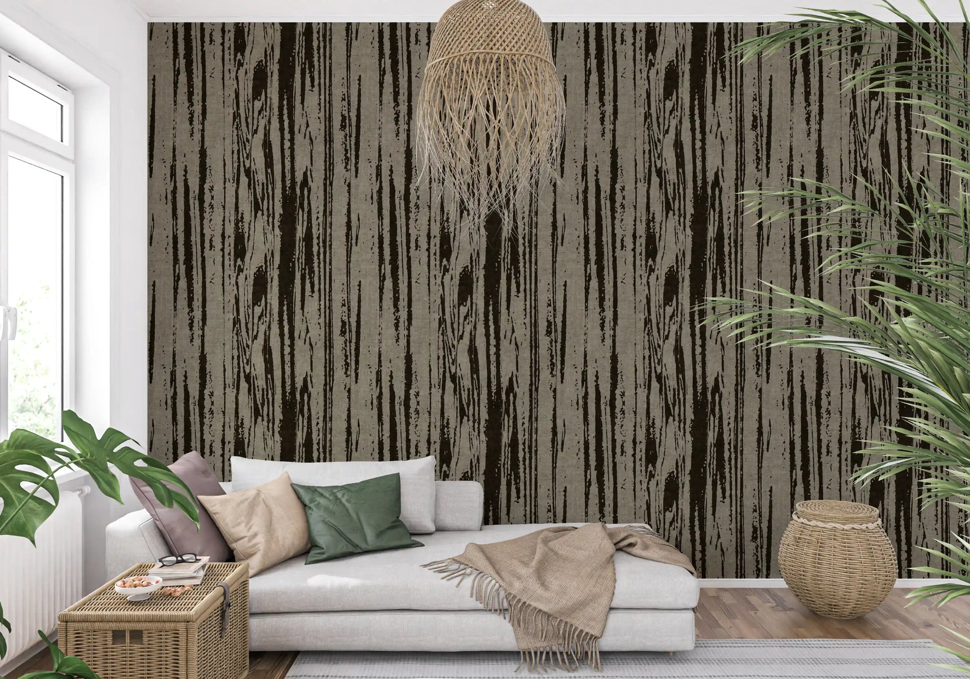 Home finished in abstract woodgrain wallpaper with muted umber base