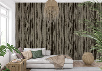 Home finished in abstract woodgrain wallpaper with muted umber base