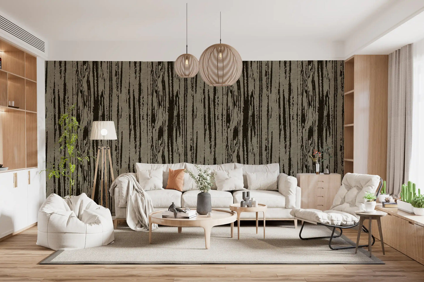 Hallway featuring walnut woodgrain wallpaper with uneven vertical marks