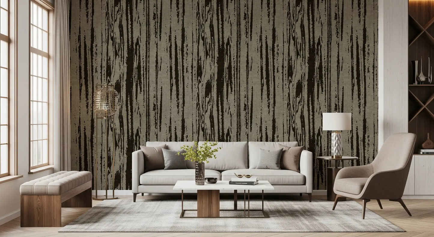Deep umber tones define this modern abstract wallpaper with wood effect