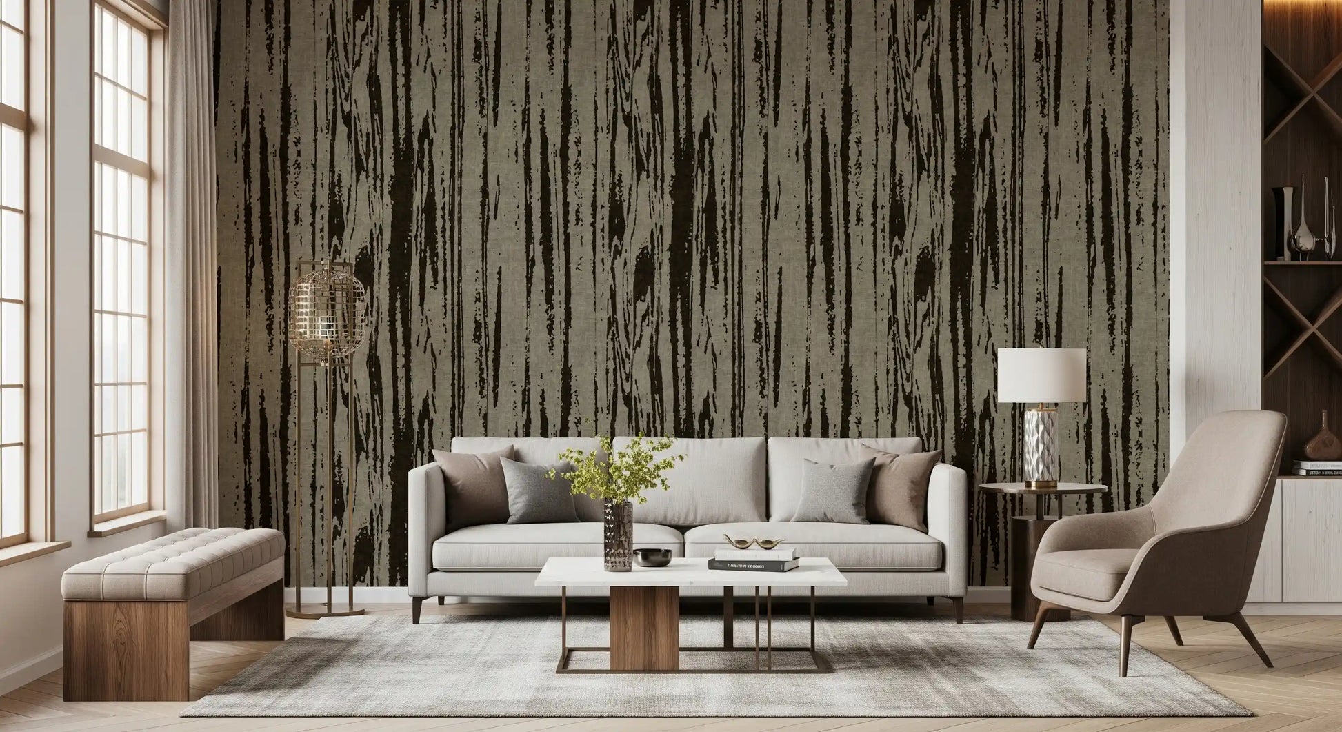 Deep umber tones define this modern abstract wallpaper with wood effect