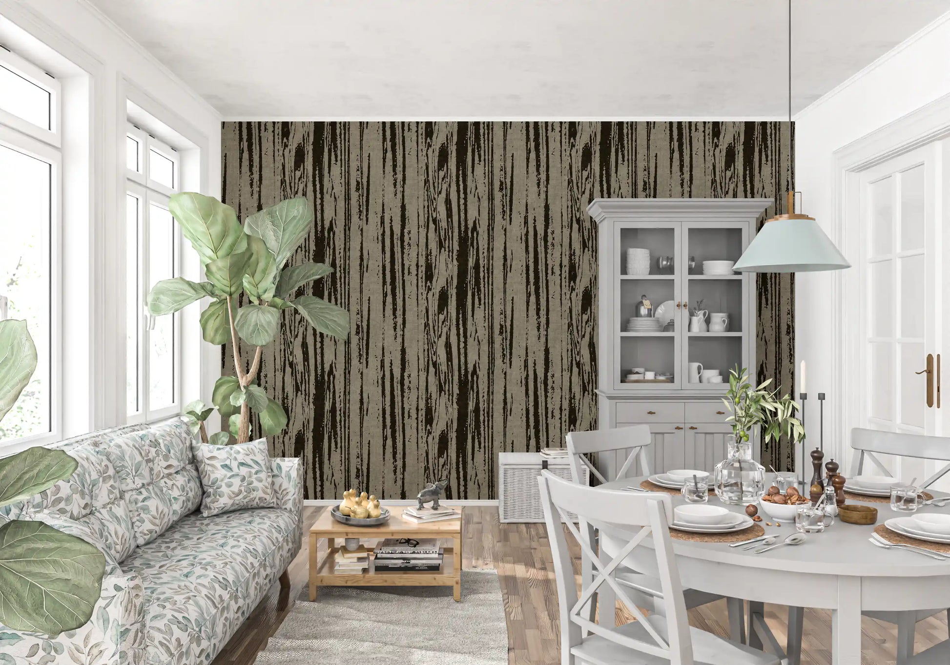 Organic line wallpaper with walnut brown marks and vertical grain movement