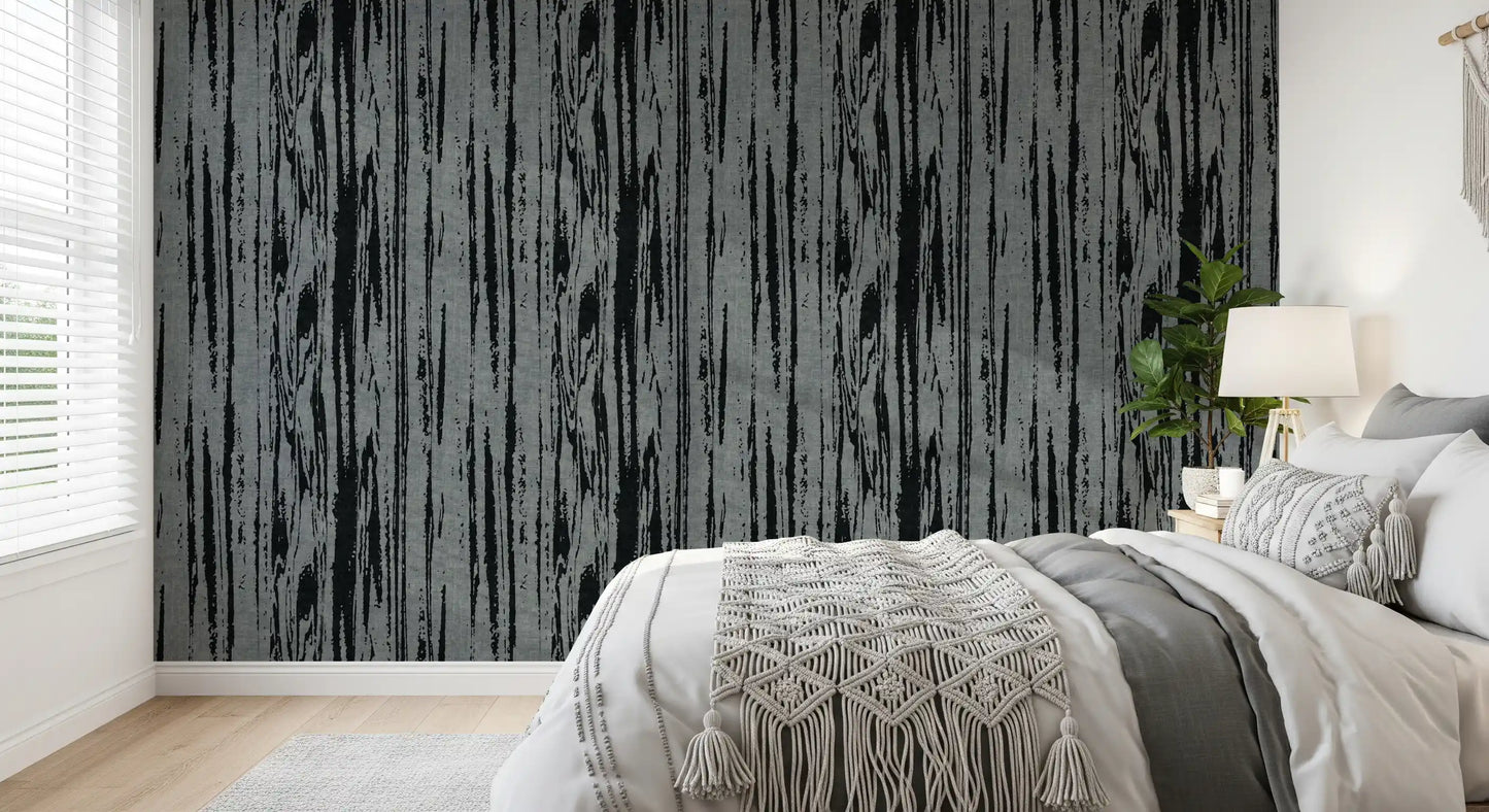 Bedroom featuring charcoal grey wallpaper with modern woodgrain surface detail