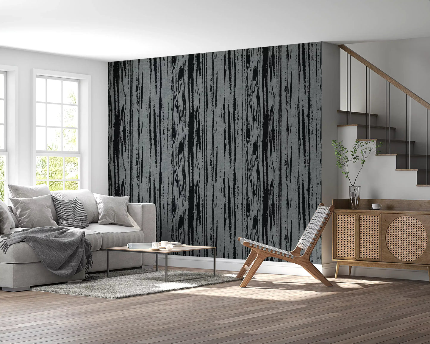 Living room finished with organic lines wallpaper and textured grey grain marks