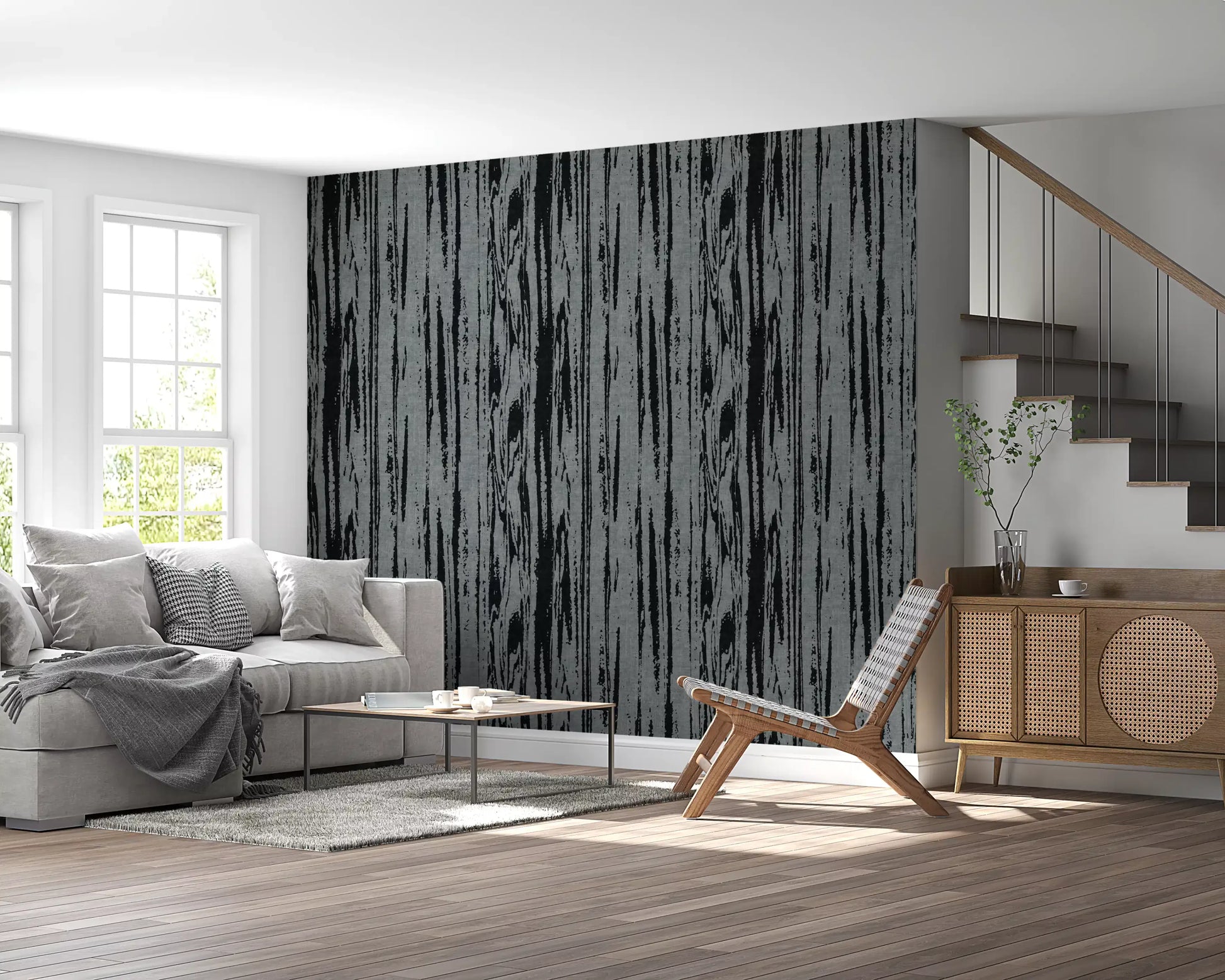 Living room finished with organic lines wallpaper and textured grey grain marks