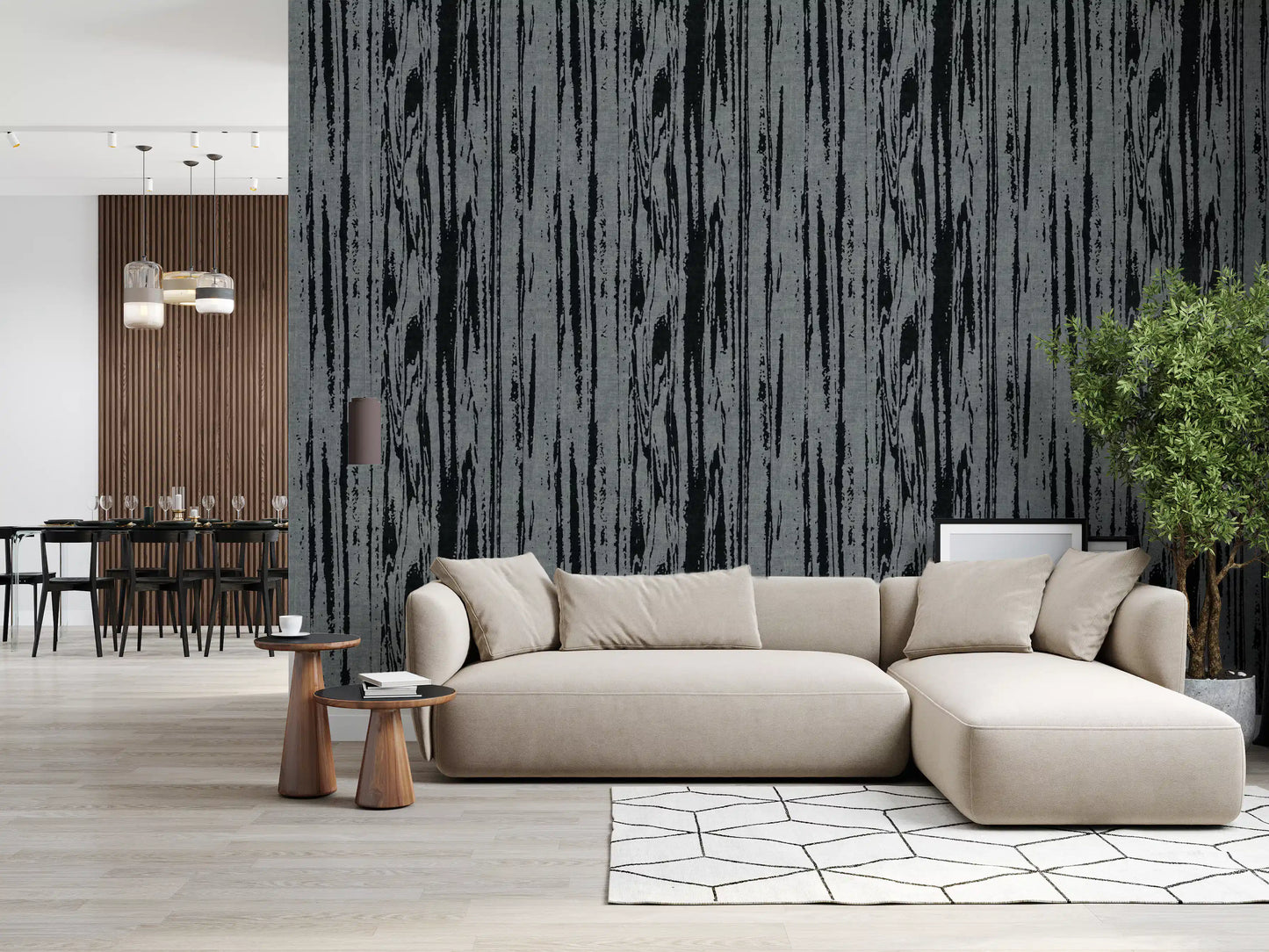 Irregular grain shapes define this charcoal grey woodgrain wallpaper beautifully