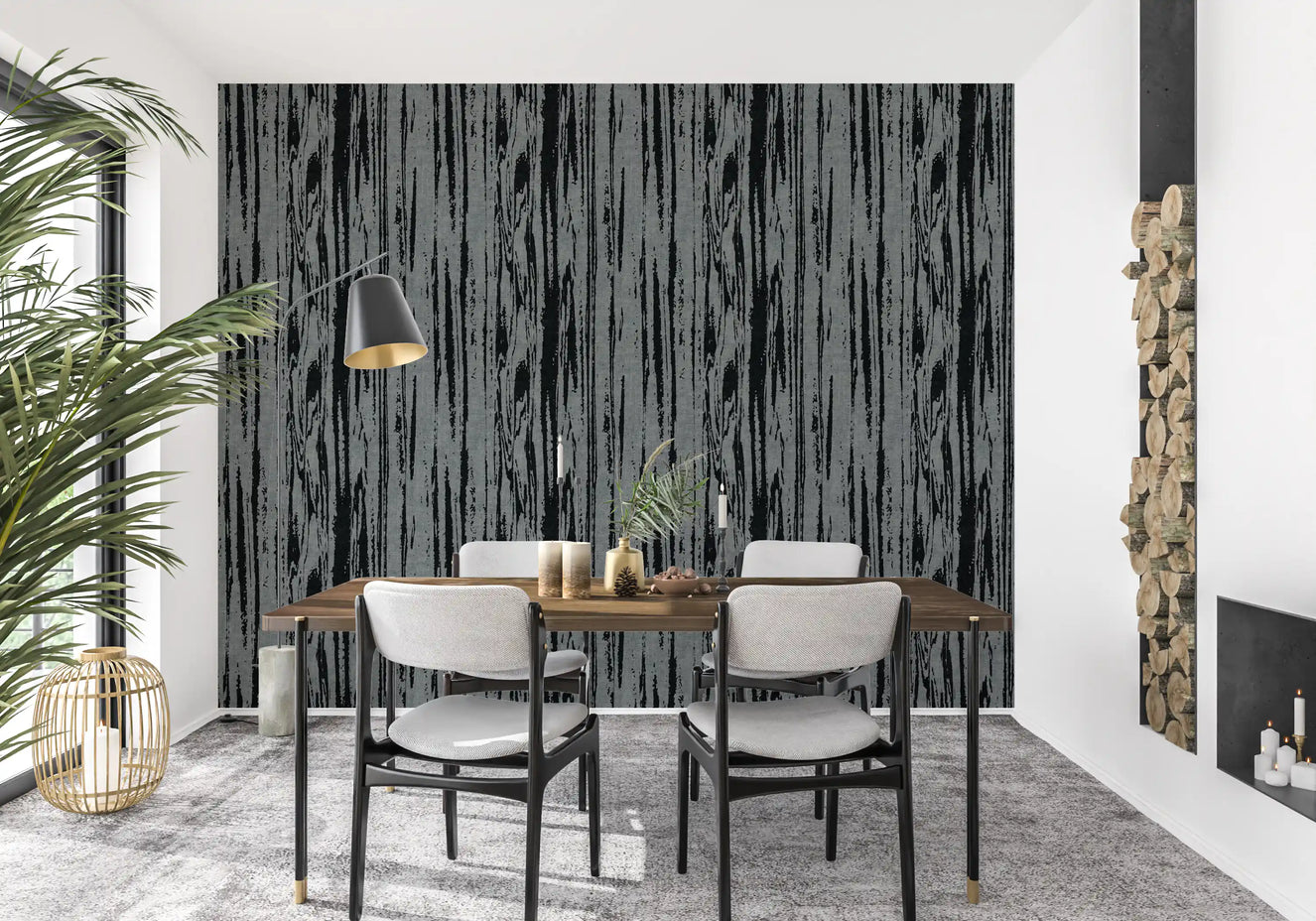 Modern Abstract Woodgrain Organic Lines Charcoal Grey Wallpaper⁠