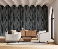 Living room using abstract woodgrain wallpaper in soft grey and charcoal tones