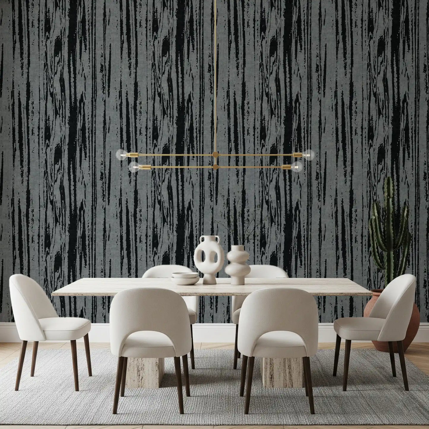 Modern abstract woodgrain wallpaper with charcoal linework on a grey base