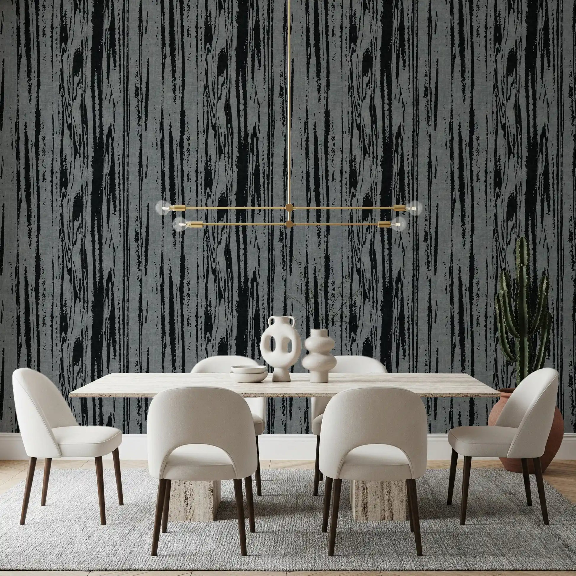 Modern abstract woodgrain wallpaper with charcoal linework on a grey base
