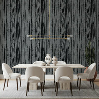 Modern abstract woodgrain wallpaper with charcoal linework on a grey base