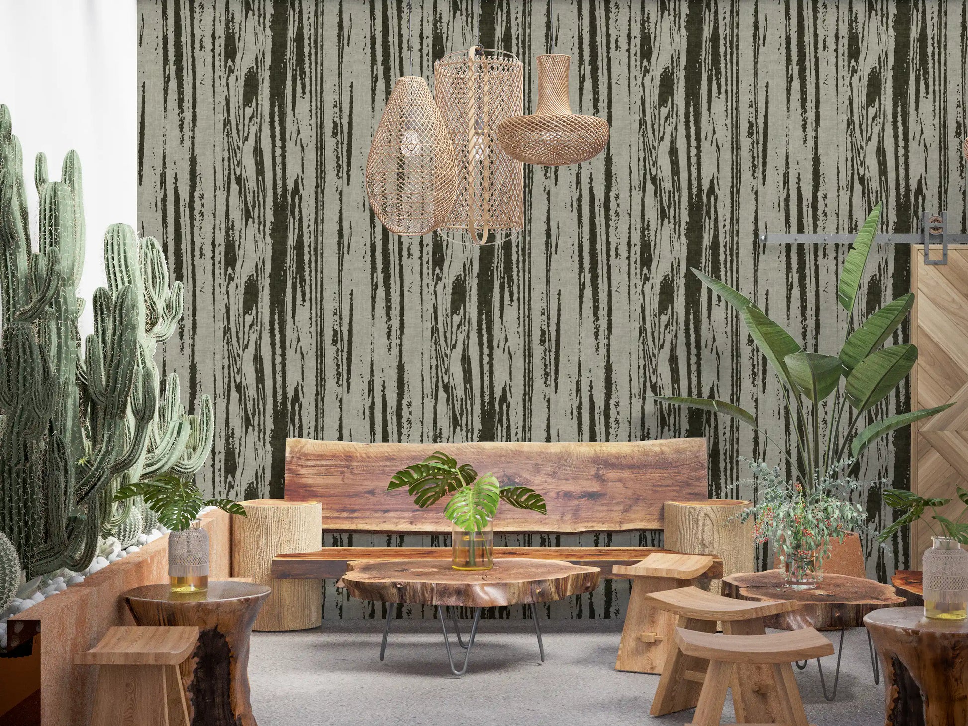 Muted green wallpaper with abstract wood lines and a natural textured effect