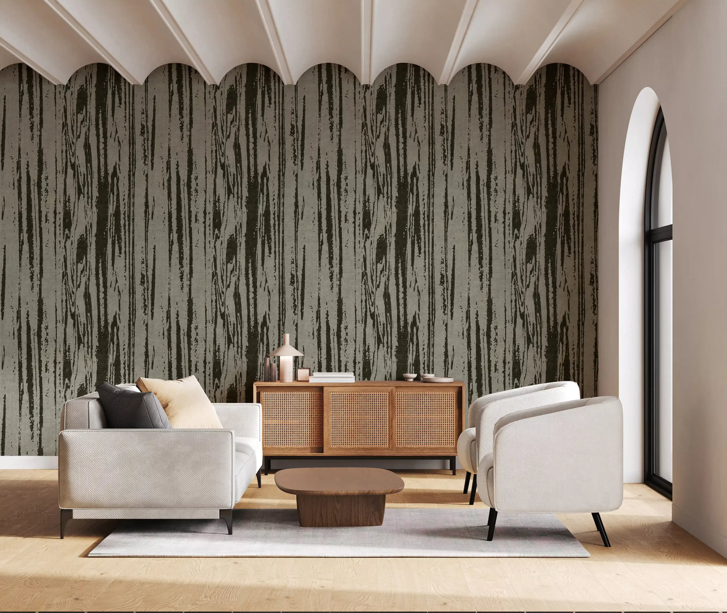 Organic lines wallpaper showing vertical grain movement on a green base