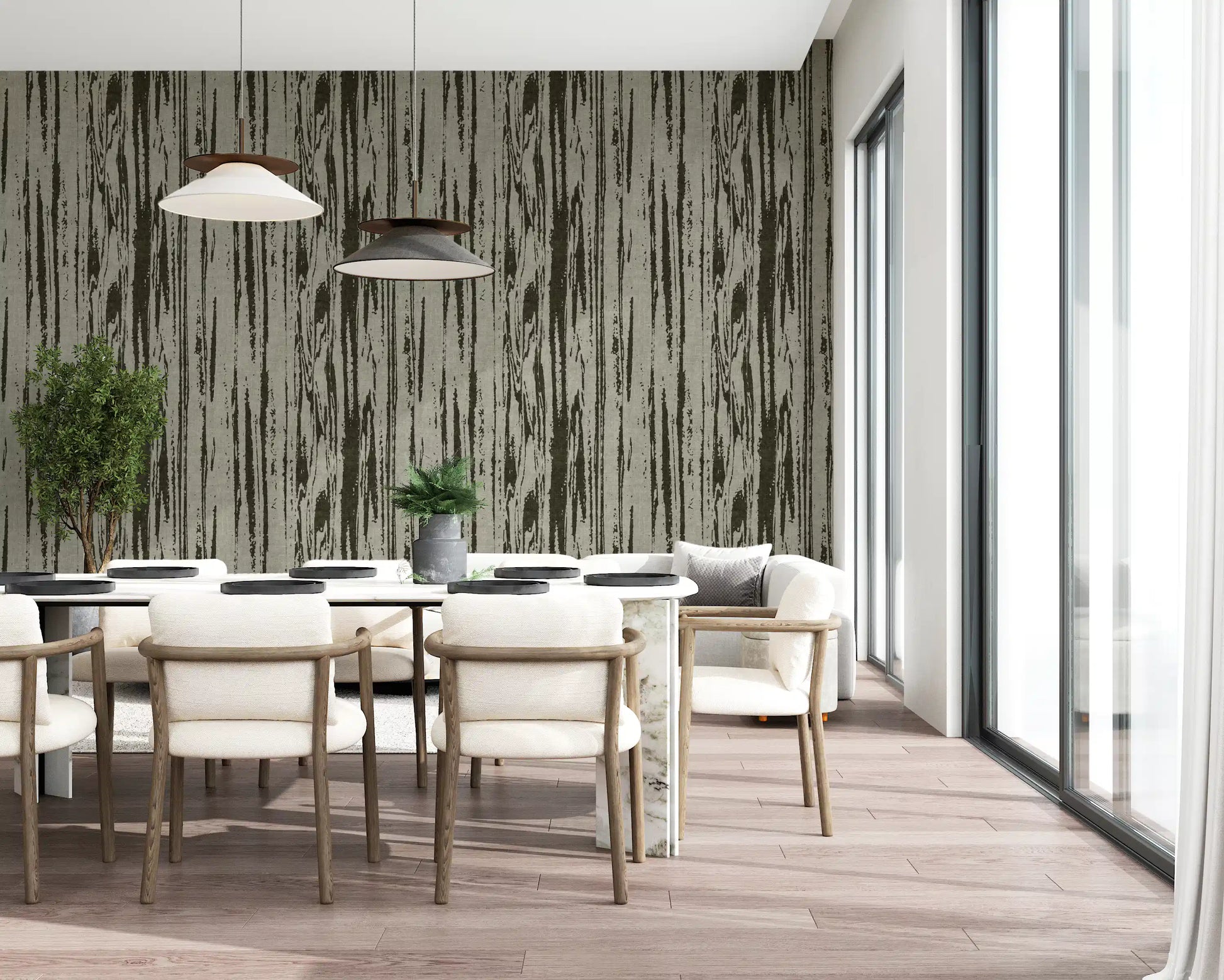 Green abstract wallpaper with timber-inspired marks and textured linework