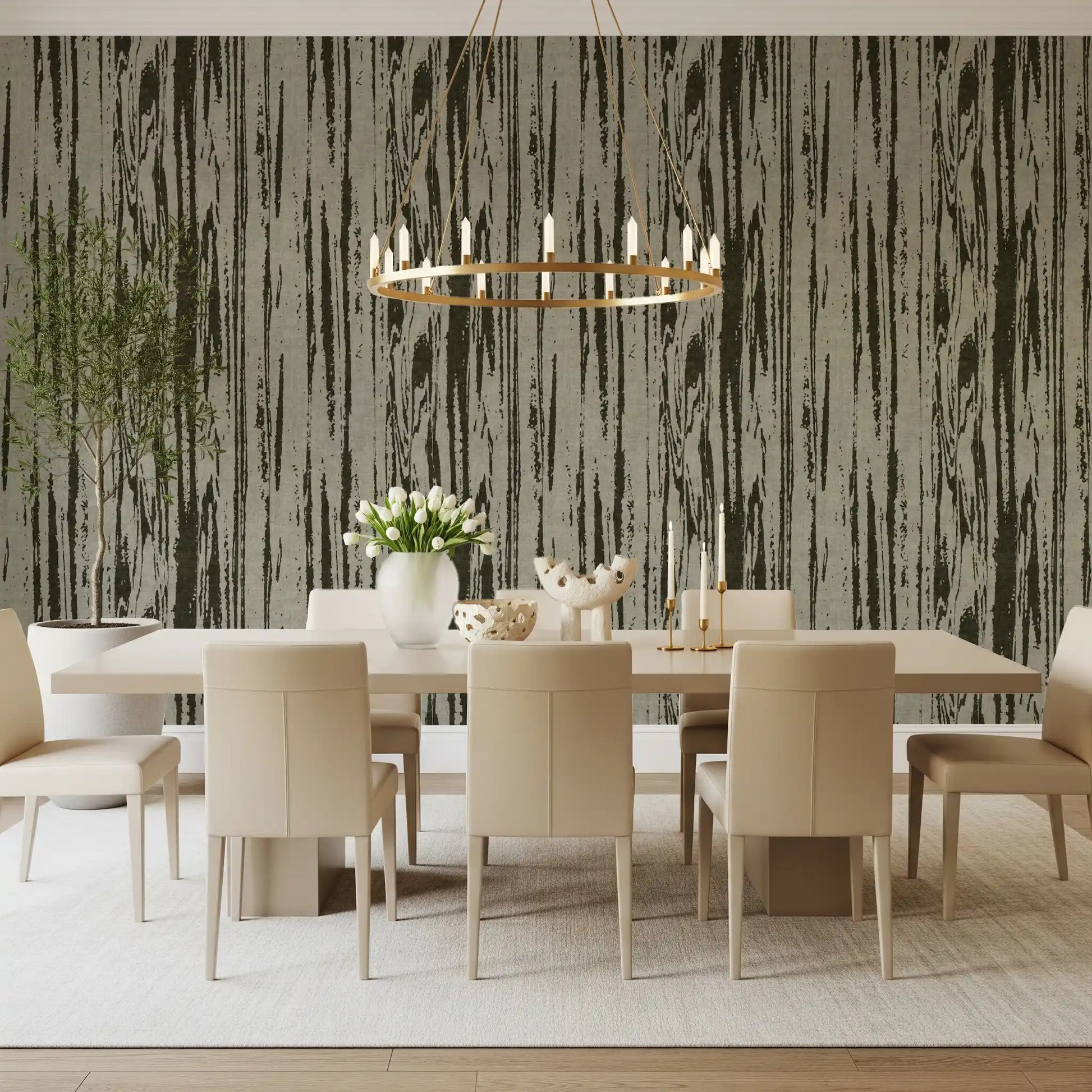 Dining room finished in modern green wallpaper with woodgrain texture