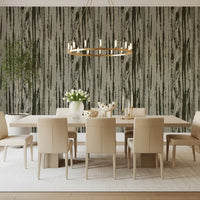 Dining room finished in modern green wallpaper with woodgrain texture