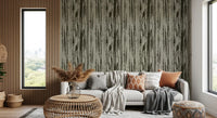 Hallway featuring organic lines wallpaper in a soft green wood pattern