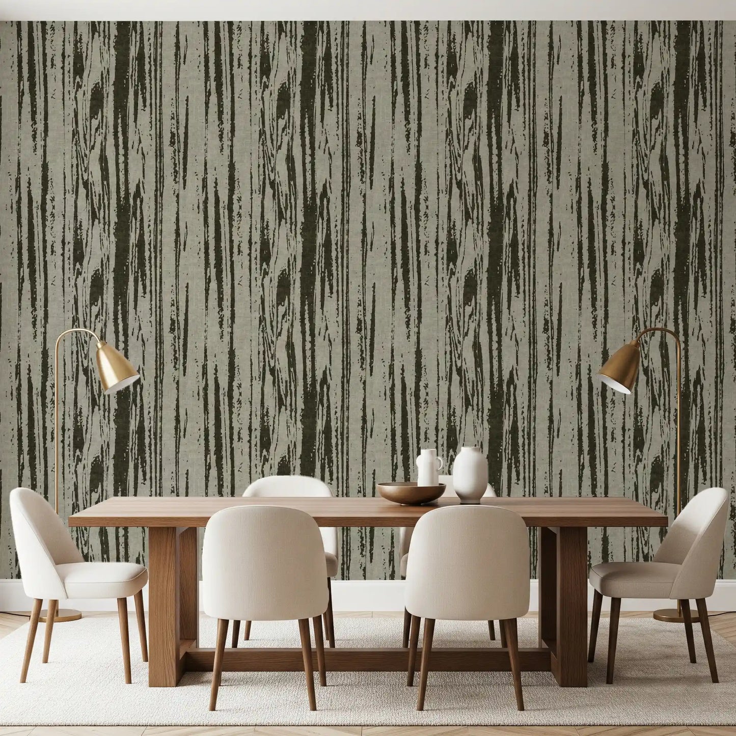 Modern woodgrain wallpaper with soft green shading and uneven linear detail