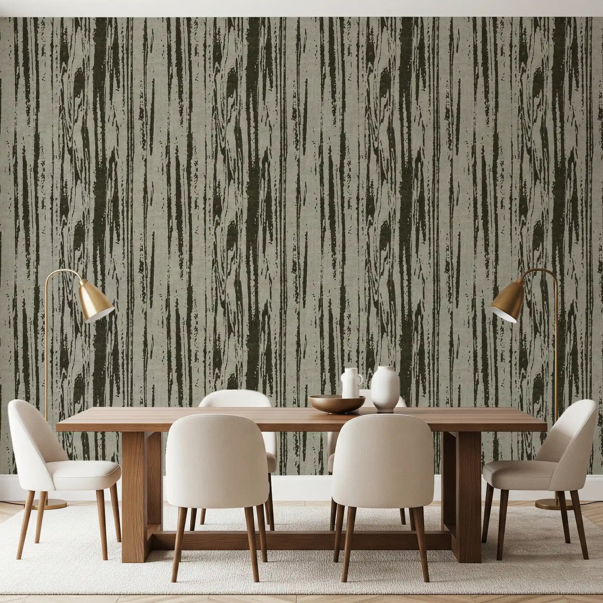 Modern woodgrain wallpaper with soft green shading and uneven linear detail