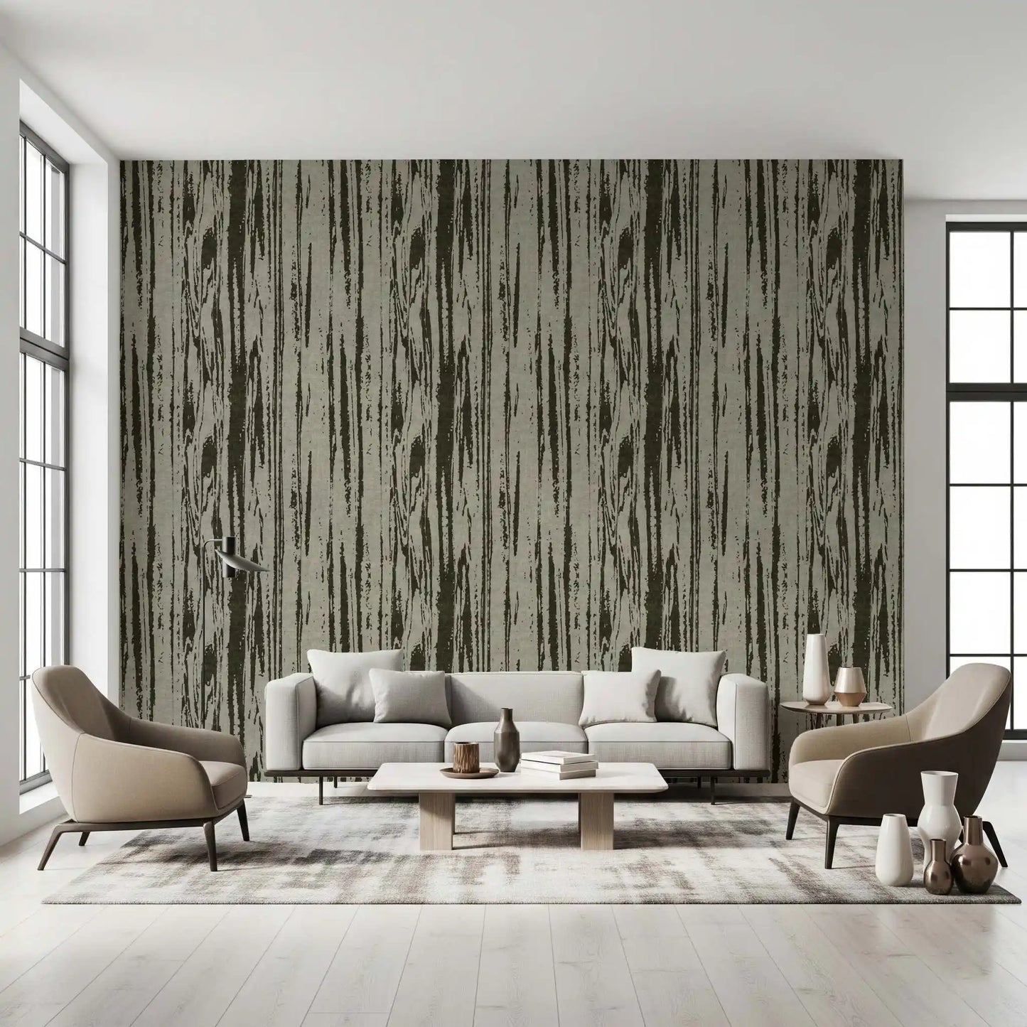 Wood texture wallpaper in green tones with irregular vertical strokes