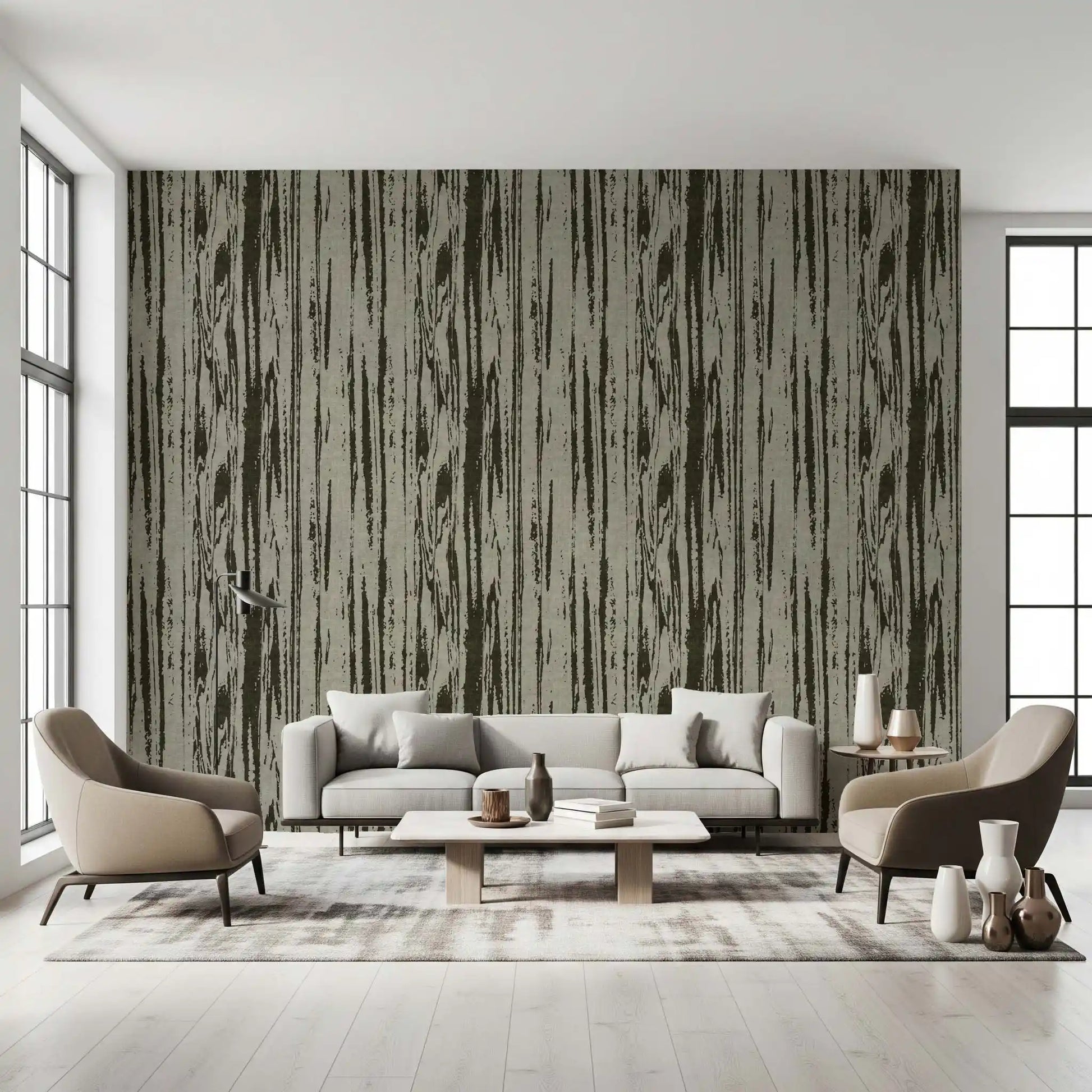 Wood texture wallpaper in green tones with irregular vertical strokes